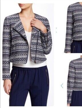 Joie Darnell Aztec Moto Crop Jacket Navy White Zip XS As Seen on TV Cotton Woven